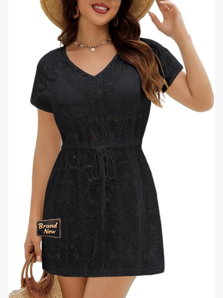 Lace Eyelet Crochet Beach Dress Coverup With Adjustable Waist Short Sleeve